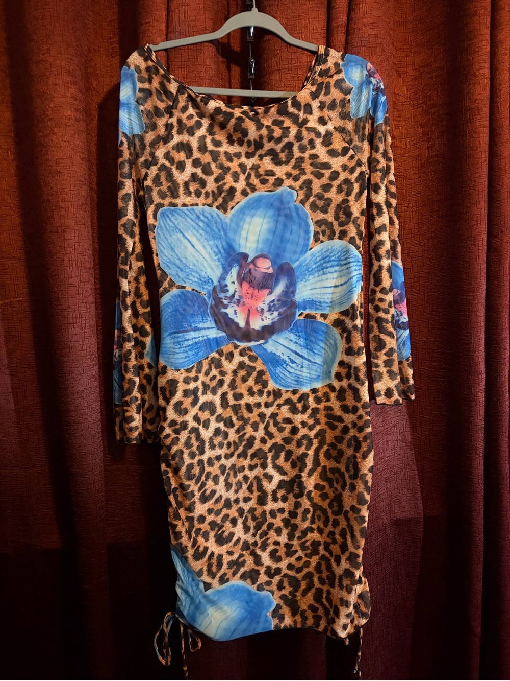 Zaful Brown Leopard Print Long Sleeve Dress with Blue Floral Accents